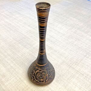 Vintage India Vase Floral Black Metal Gold Tone MCM 7.5 ” Engraved Boho Decor